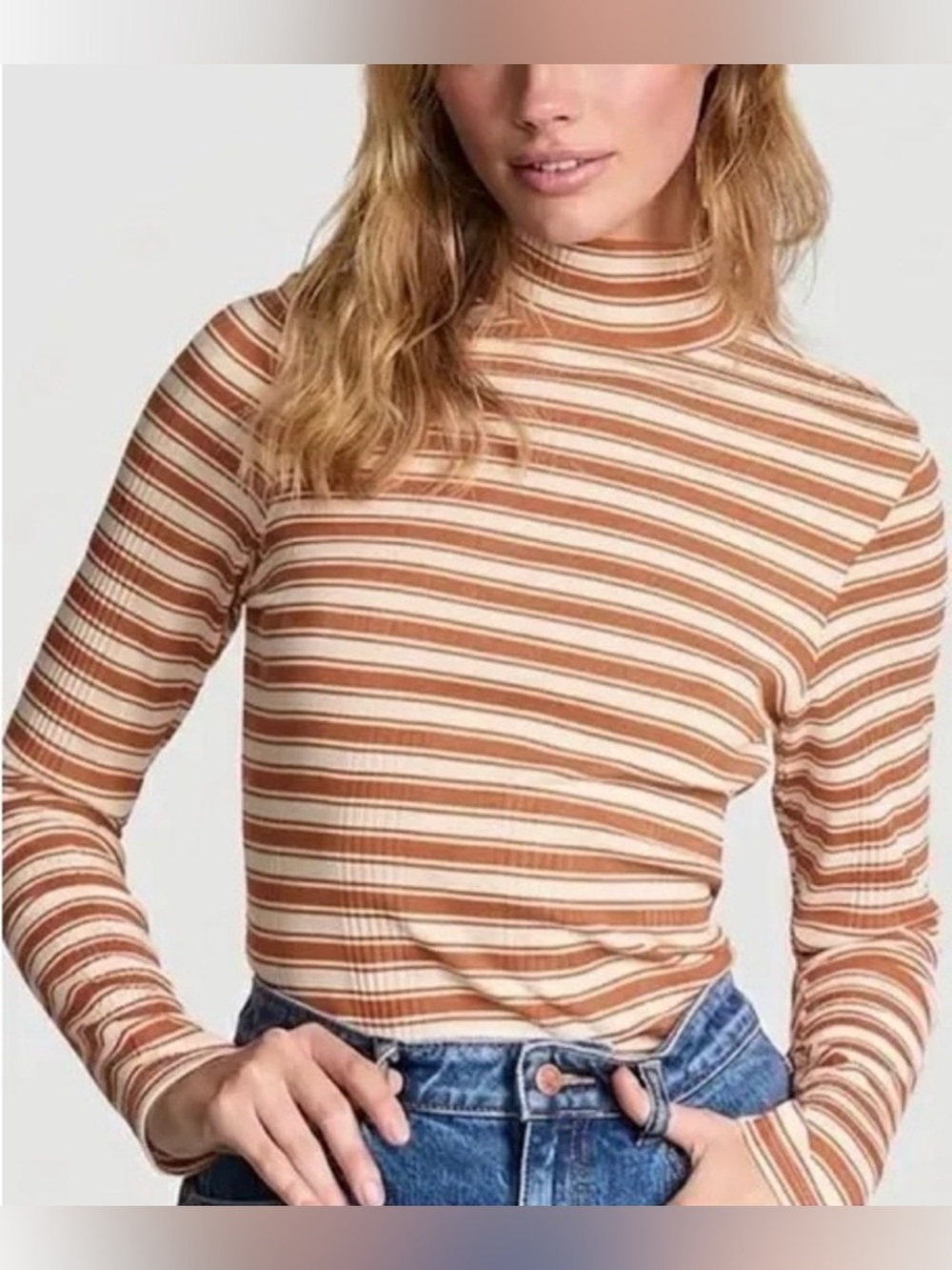 🤎 NWT Victoria’s Secret PINK Toffee  White Striped Long Sleeve Shirt Mock Neck